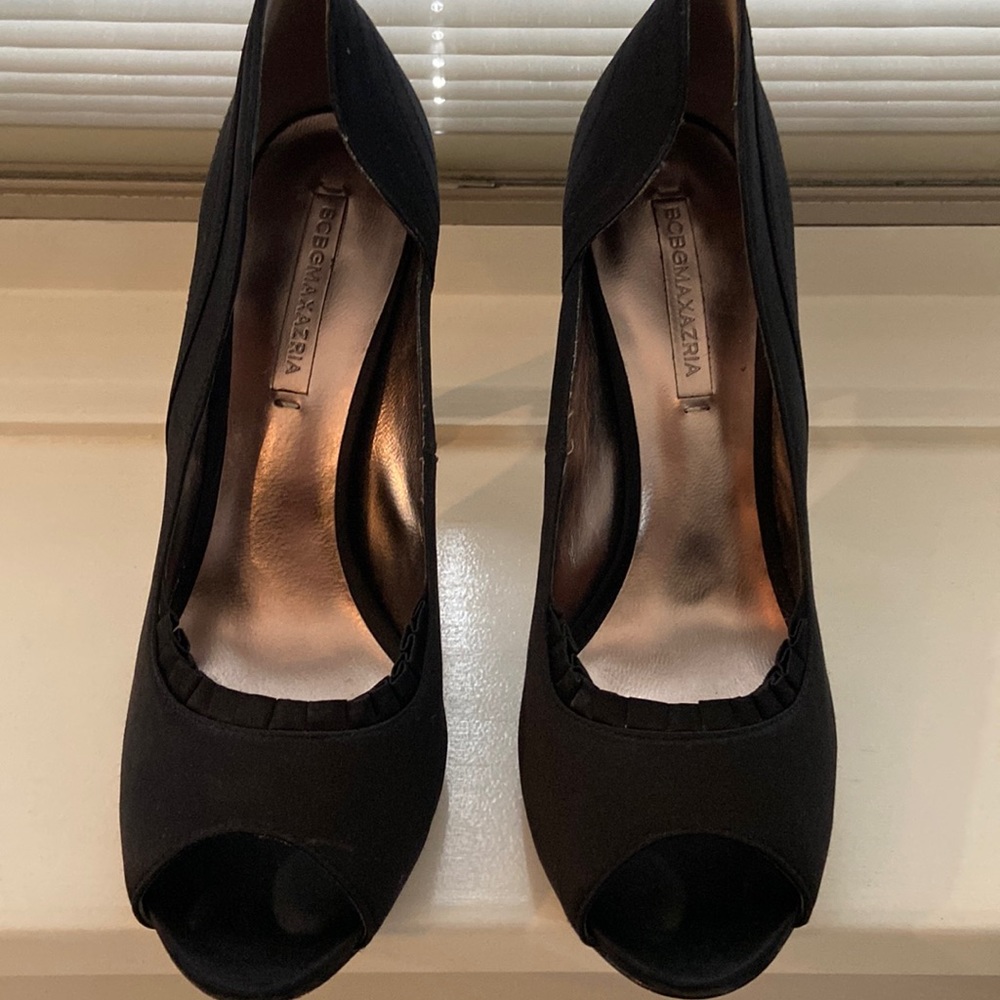 BCBGMaxazria . black satin peep toe heels. Size 8.5. Worn once.